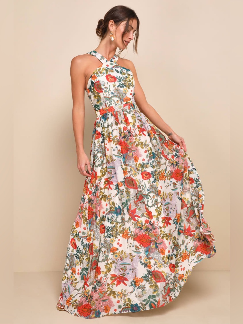 Lulus Lilja Cream Floral Print Maxi Dress Size L NWT